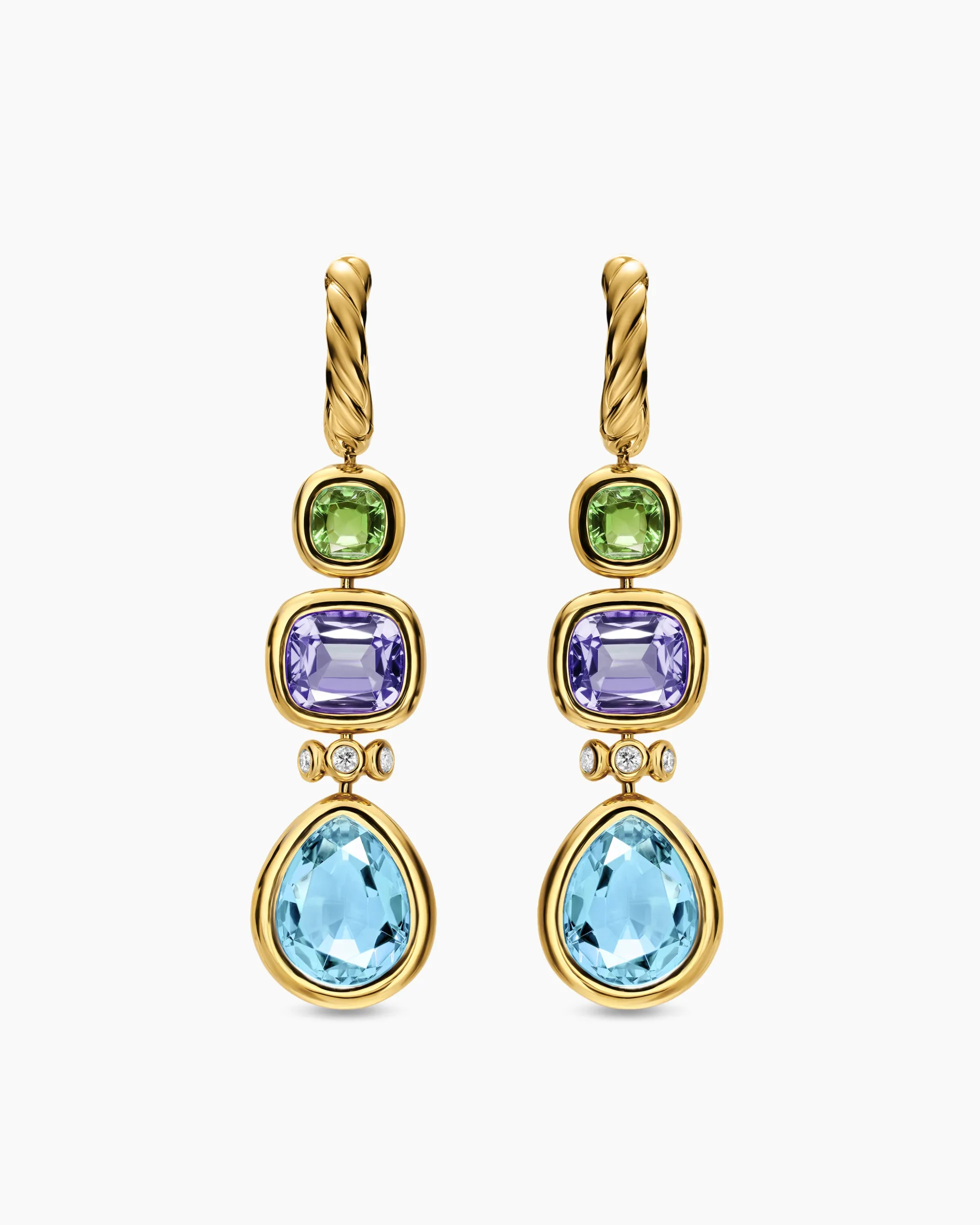 DY Mercer® Statement Stone Drop Earrings 18K Yellow Gold with Sky Blue Topaz, Iolite, Green Tourmalines and Diamonds, 52mm