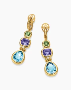 DY Mercer® Statement Stone Drop Earrings 18K Yellow Gold with Sky Blue Topaz, Iolite, Green Tourmalines and Diamonds, 52mm