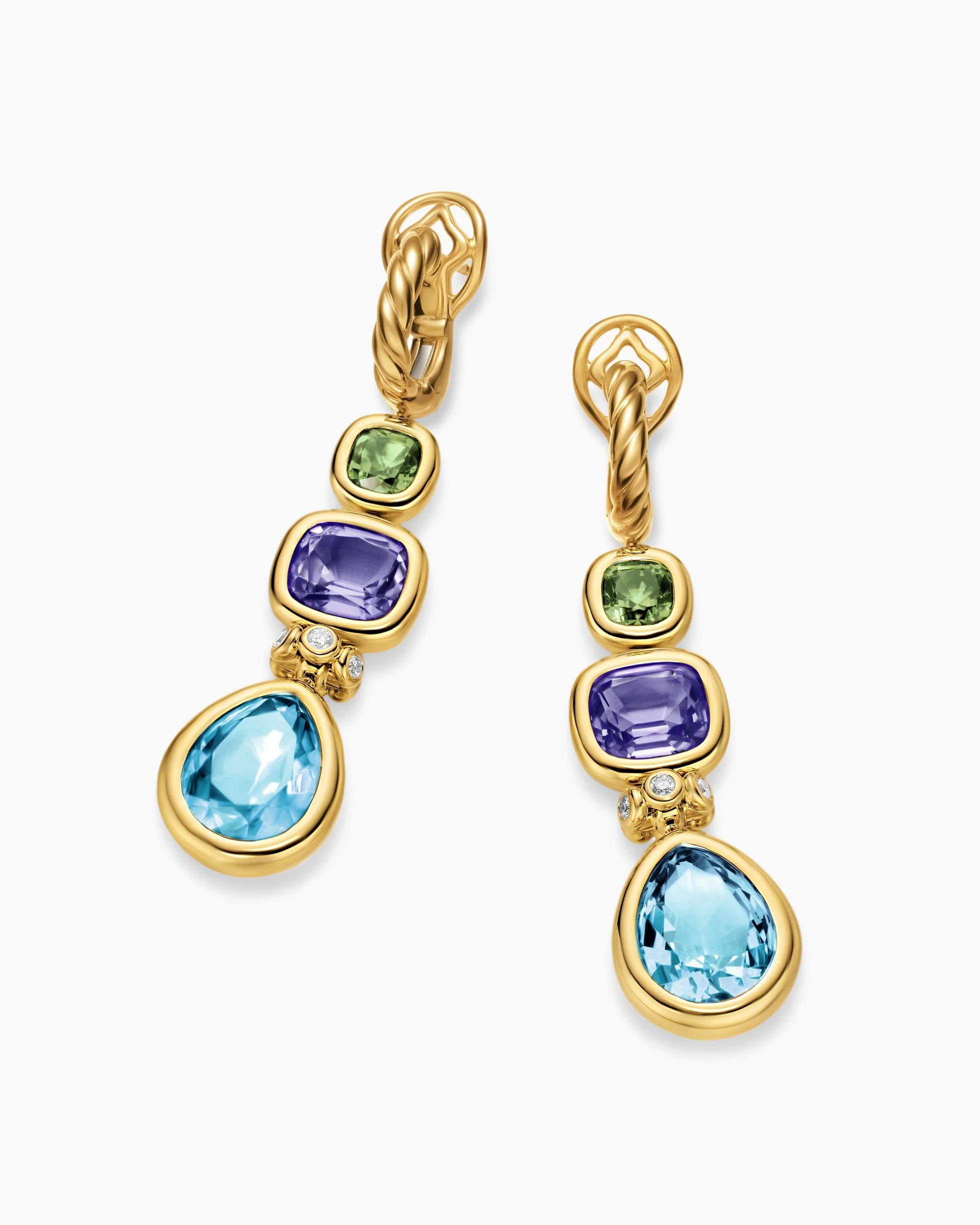 DY Mercer® Statement Stone Drop Earrings 18K Yellow Gold with Sky Blue Topaz, Iolite, Green Tourmalines and Diamonds, 52mm