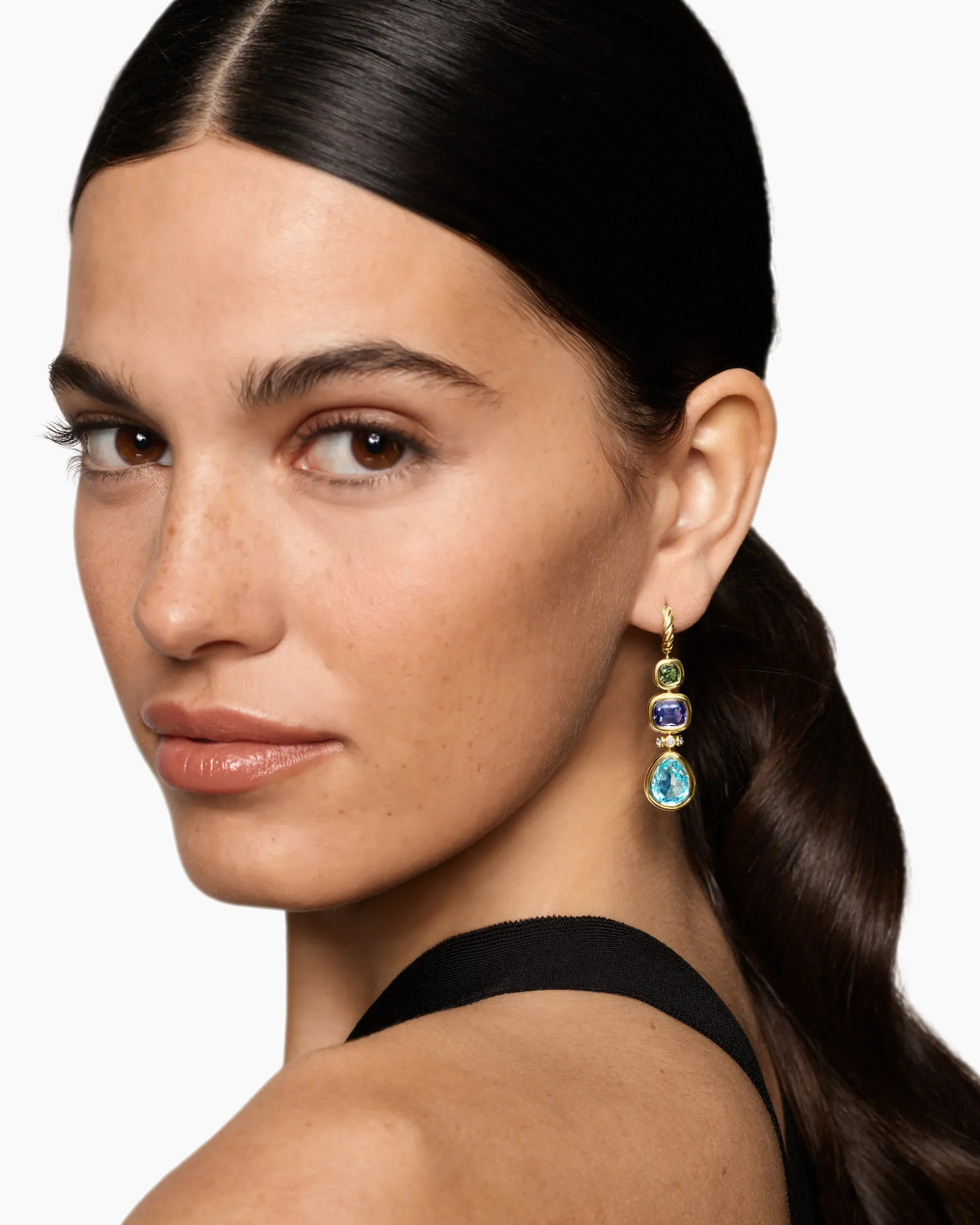 DY Mercer® Statement Stone Drop Earrings 18K Yellow Gold with Sky Blue Topaz, Iolite, Green Tourmalines and Diamonds, 52mm