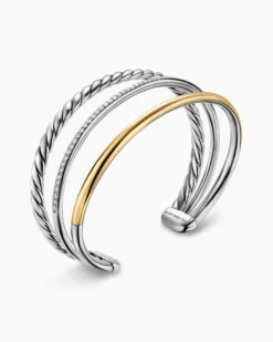 DY Mercer® Three Row Cuff Bracelet Sterling Silver with 18K Yellow Gold and Diamonds, 10.4mm