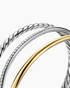 DY Mercer® Three Row Cuff Bracelet Sterling Silver with 18K Yellow Gold and Diamonds, 10.4mm