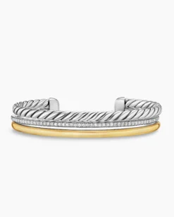 DY Mercer® Three Row Cuff Bracelet Sterling Silver with 18K Yellow Gold and Diamonds, 10.4mm
