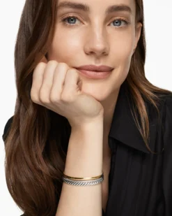 DY Mercer® Three Row Cuff Bracelet Sterling Silver with 18K Yellow Gold and Diamonds, 10.4mm