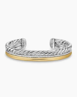 DY Mercer® Three Row Cuff Bracelet Sterling Silver with 18K Yellow Gold and Diamonds, 10.4mm