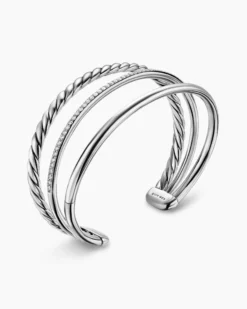 DY Mercer® Three Row Cuff Bracelet Sterling Silver with Diamonds, 10.4mm