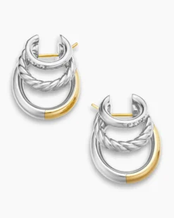 DY Mercer® Three Row Hoop Earrings Sterling Silver with 18K Yellow Gold and Diamonds, 21mm