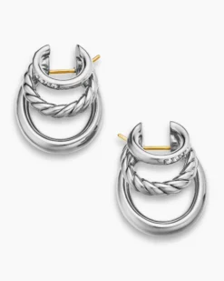 DY Mercer® Three Row Hoop Earrings Sterling Silver with Diamonds, 21mm