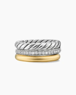 DY Mercer® Three Row Ring Sterling Silver with 18K Yellow Gold and Diamonds, 8.9mm