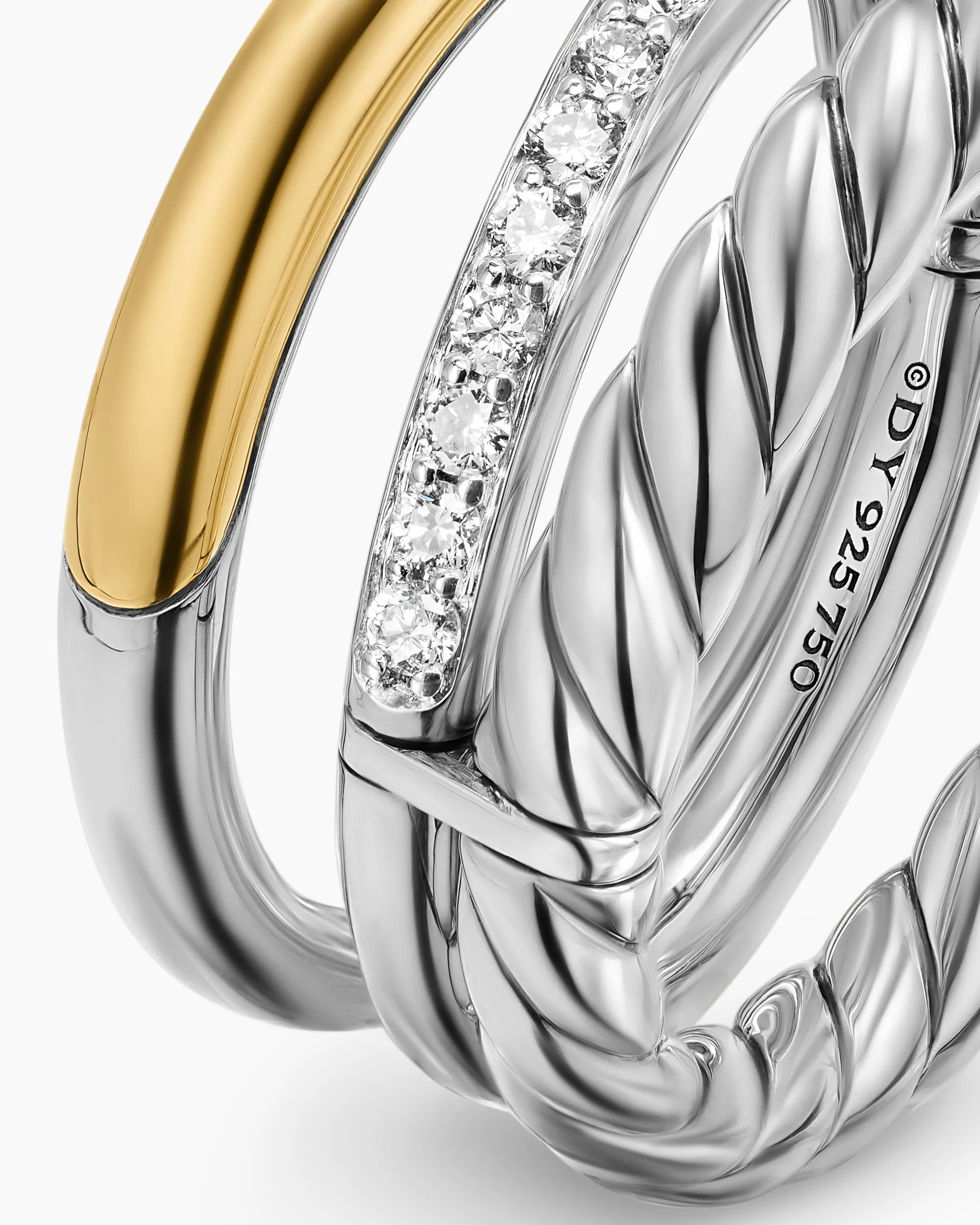 DY Mercer® Three Row Ring Sterling Silver with 18K Yellow Gold and Diamonds, 8.9mm