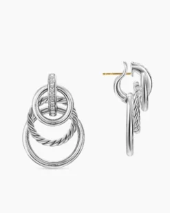 DY Mercer® Triple Ring Drop Earrings Sterling Silver with Diamonds, 35.6mm