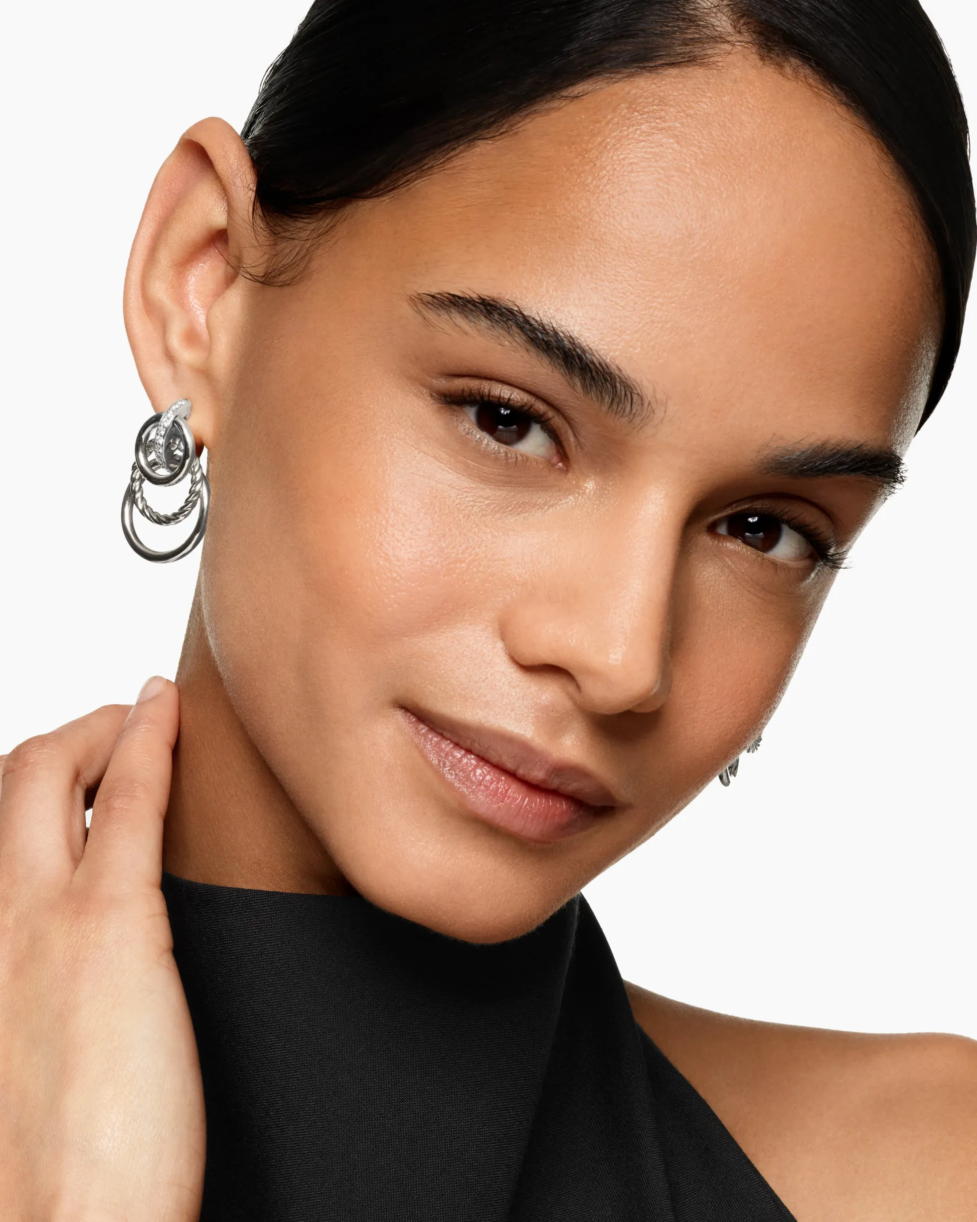 DY Mercer® Triple Ring Drop Earrings Sterling Silver with Diamonds, 35.6mm
