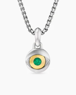 Evil Eye Amulet Sterling Silver with 18K Yellow Gold and Emerald, 14.5mm