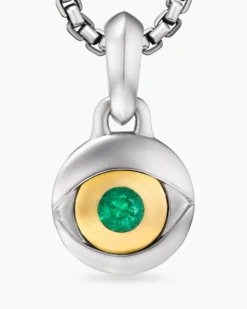 Evil Eye Amulet Sterling Silver with 18K Yellow Gold and Emerald, 14.5mm