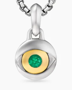 Evil Eye Amulet Sterling Silver with 18K Yellow Gold and Emerald, 14.5mm
