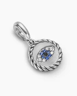 Evil Eye Amulet Sterling Silver with Pavé Blue Sapphires and Diamonds, 12.6mm
