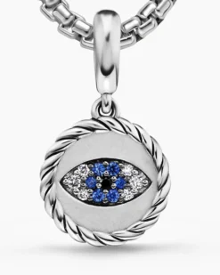 Evil Eye Amulet Sterling Silver with Pavé Blue Sapphires and Diamonds, 12.6mm