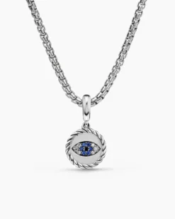 Evil Eye Amulet Sterling Silver with Pavé Blue Sapphires and Diamonds, 12.6mm