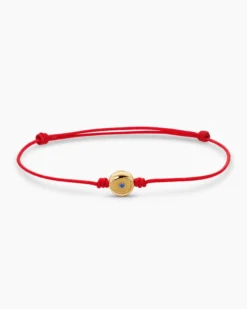 Evil Eye Cord Bracelet Red Nylon with 18K Yellow Gold and Sapphire, 7.7mm