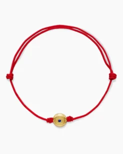 Evil Eye Cord Bracelet Red Nylon with 18K Yellow Gold and Sapphire, 7.7mm