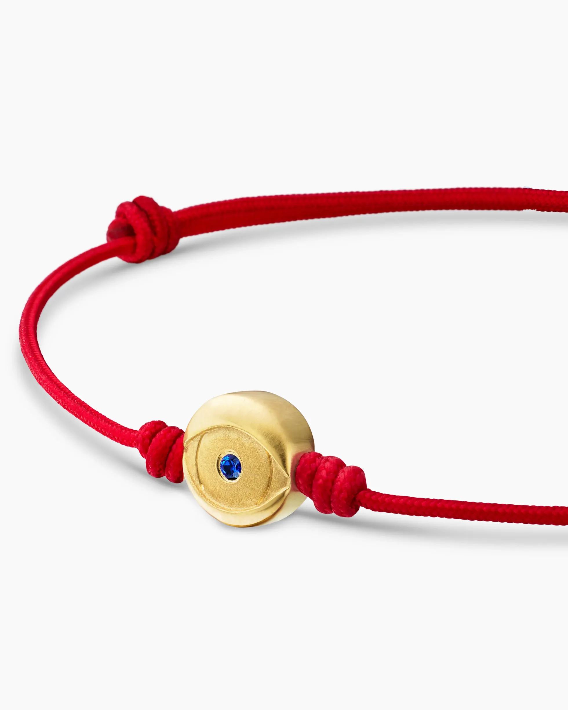 Evil Eye Cord Bracelet Red Nylon with 18K Yellow Gold and Sapphire, 7.7mm