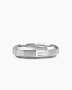 Faceted Band Ring 18K White Gold with Center Diamond, 6mm