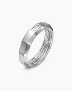 Faceted Band Ring 18K White Gold with Center Diamond, 6mm