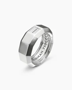 Faceted Band Ring 18K White Gold with Center Diamond, 8mm