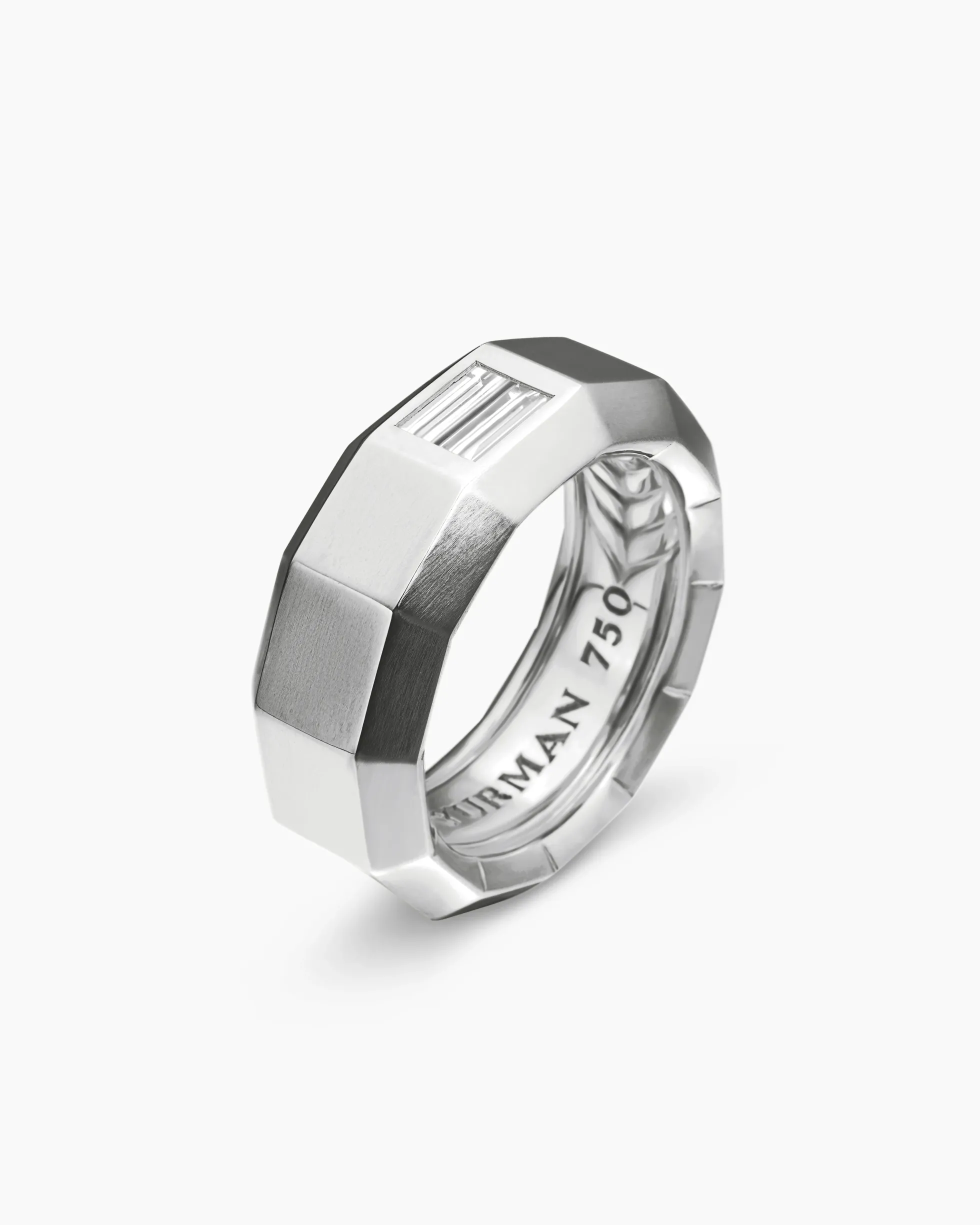 Faceted Band Ring 18K White Gold with Center Diamond, 8mm