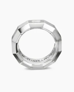 Faceted Band Ring 18K White Gold with Center Diamond, 8mm