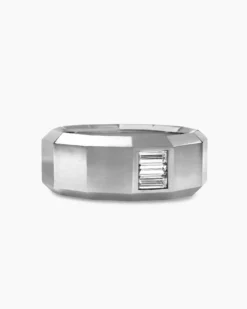 Faceted Band Ring 18K White Gold with Center Diamond, 10mm