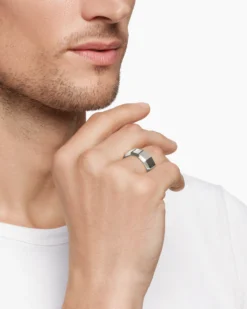 Faceted Band Ring 18K White Gold with Center Diamond, 10mm