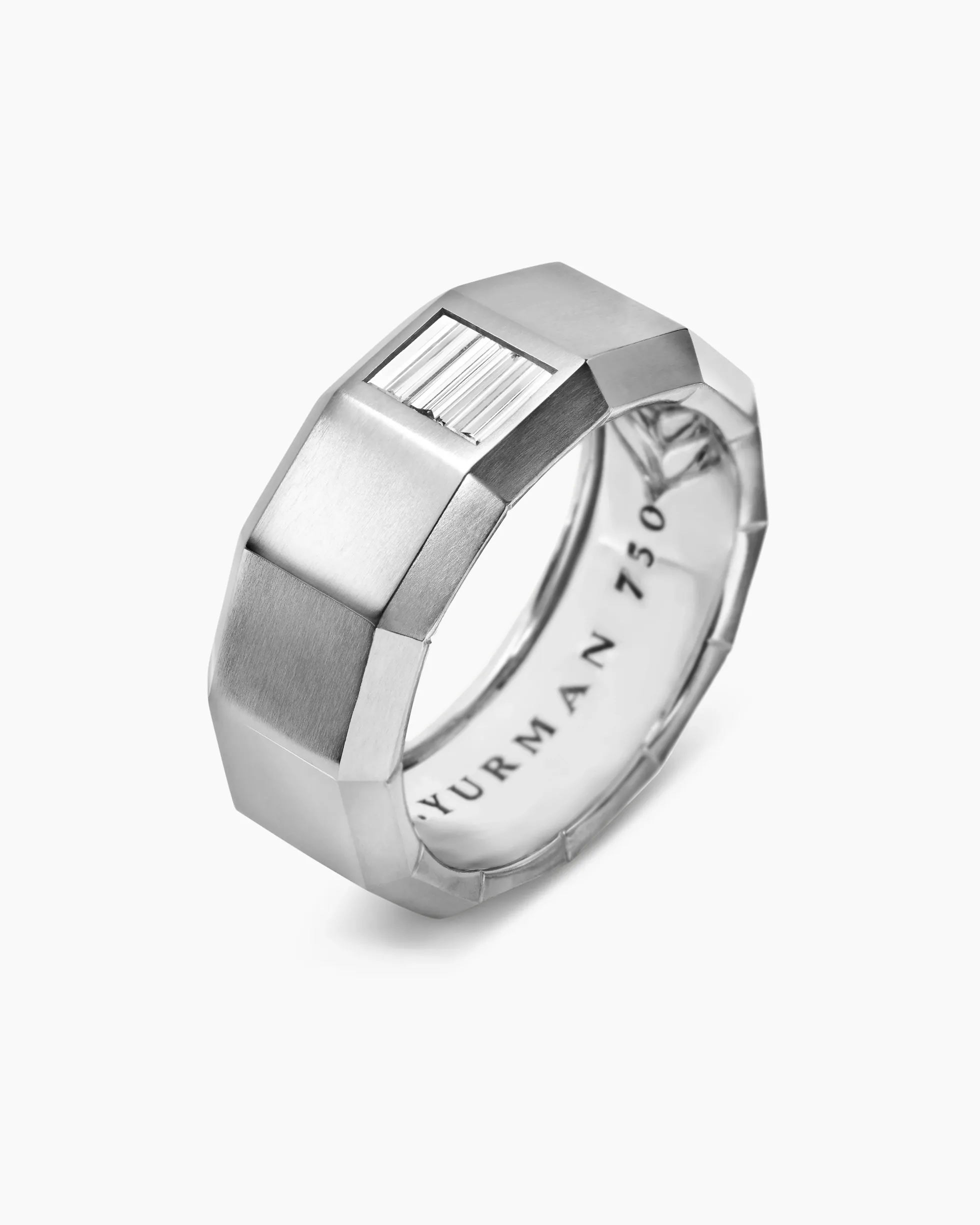Faceted Band Ring 18K White Gold with Center Diamond, 10mm