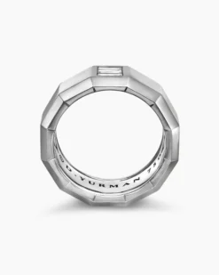 Faceted Band Ring 18K White Gold with Center Diamond, 10mm