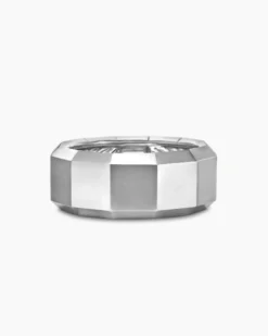 Faceted Band Ring 18K White Gold with Center Diamond, 10mm