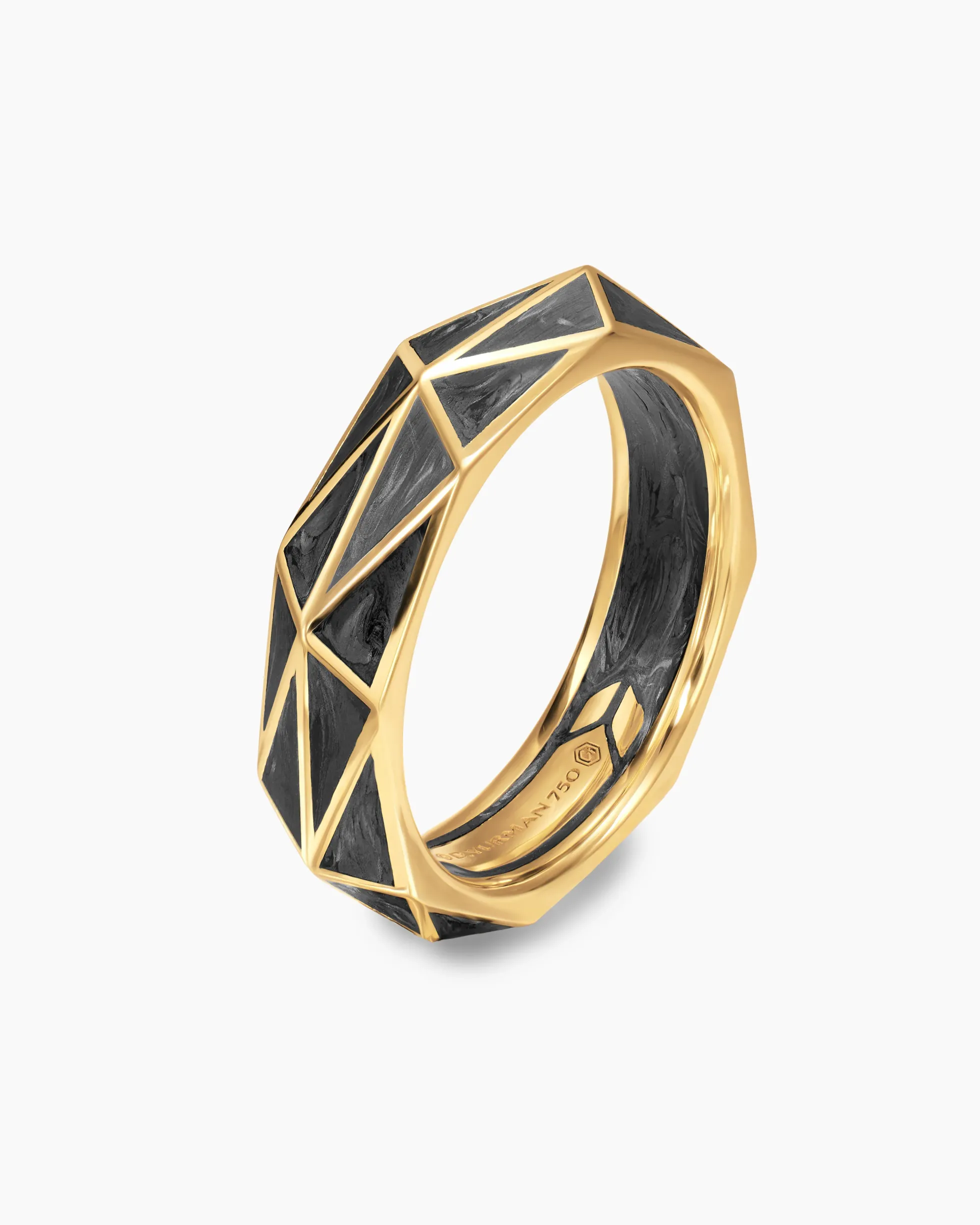 Faceted Band Ring 18K Yellow Gold with Forged Carbon, 6.2mm