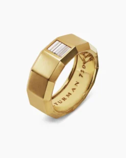 Faceted Band Ring 18K Yellow Gold with Center Diamond, 10mm