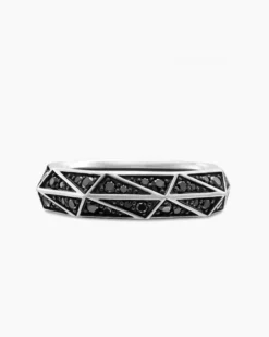 Faceted Band Ring Sterling Silver with Black Diamonds, 6.2mm