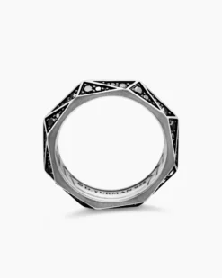 Faceted Band Ring Sterling Silver with Black Diamonds, 6.2mm