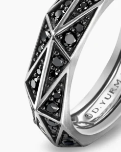Faceted Band Ring Sterling Silver with Black Diamonds, 6.2mm