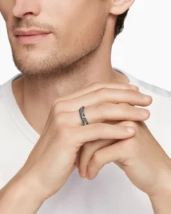 Faceted Band Ring Sterling Silver with Black Diamonds, 6.2mm
