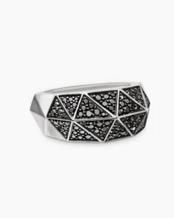 Faceted Signet Ring Sterling Silver with Black Diamonds, 11.3mm