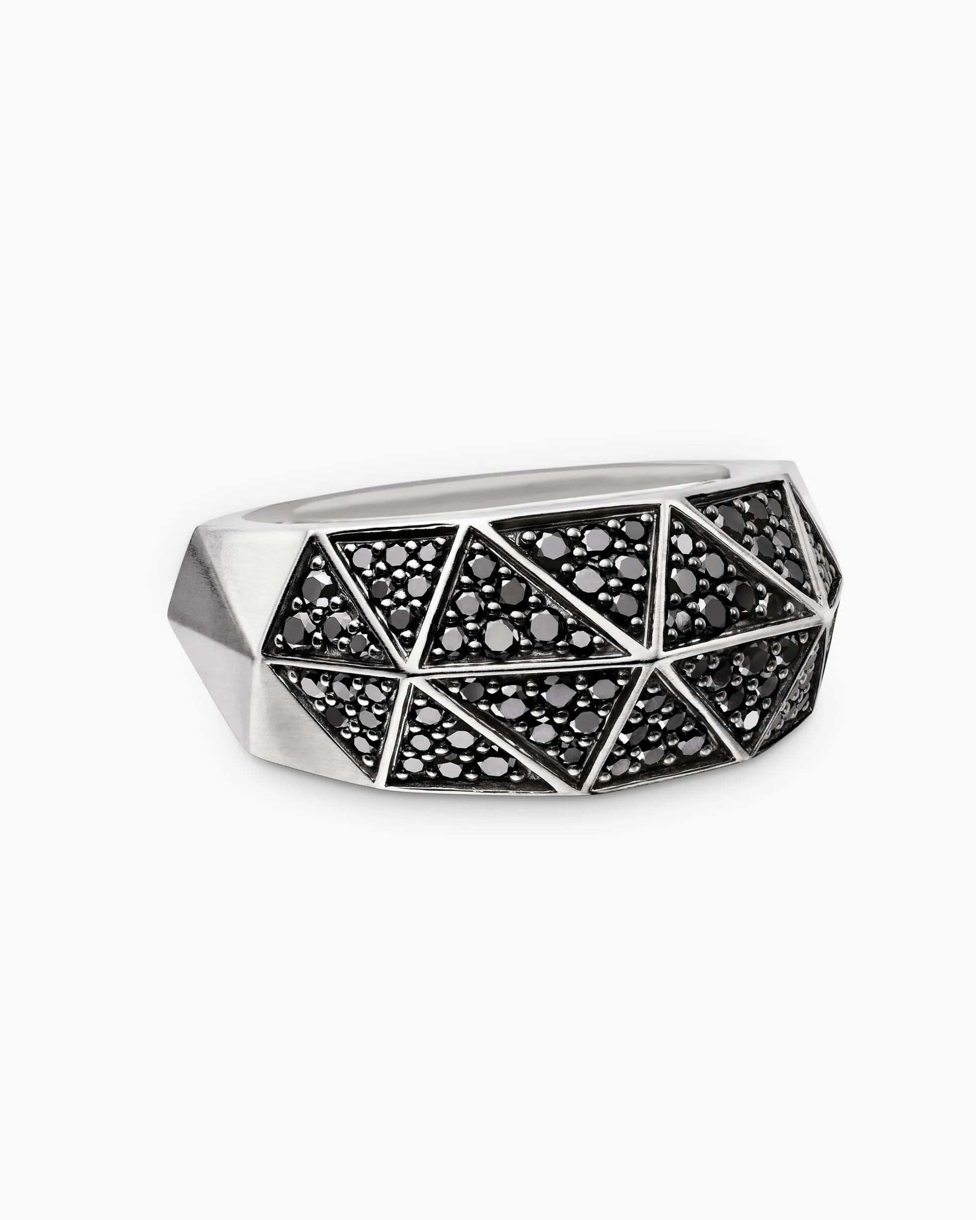 Faceted Signet Ring Sterling Silver with Black Diamonds, 11.3mm