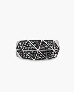 Faceted Signet Ring Sterling Silver with Black Diamonds, 11.3mm