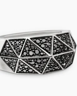 Faceted Signet Ring Sterling Silver with Black Diamonds, 11.3mm