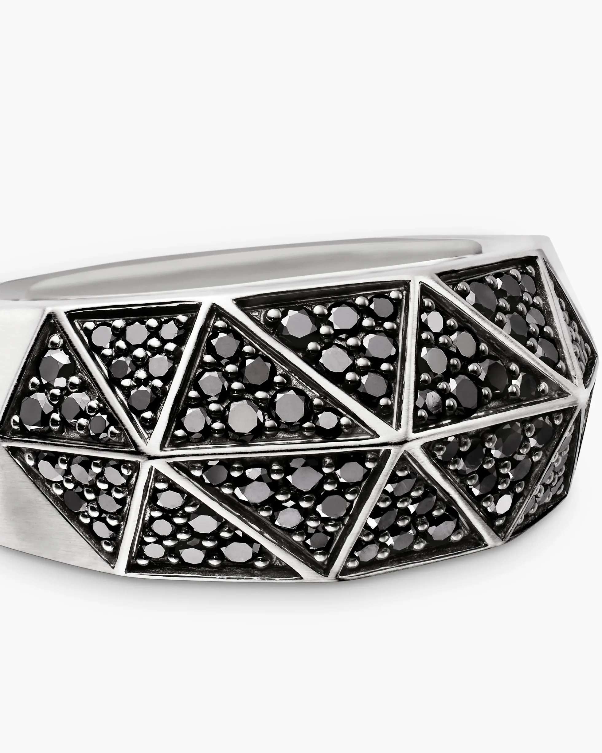 Faceted Signet Ring Sterling Silver with Black Diamonds, 11.3mm