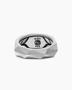 Faceted Signet Ring Sterling Silver with Black Diamonds, 11.3mm