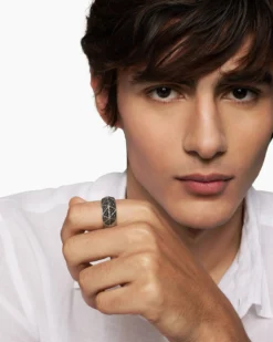 Faceted Signet Ring Sterling Silver with Black Diamonds, 11.3mm