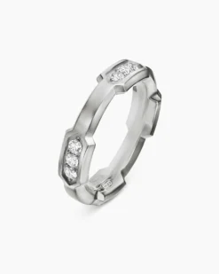 Faceted Station Band Ring Sterling Silver with Diamonds, 6mm