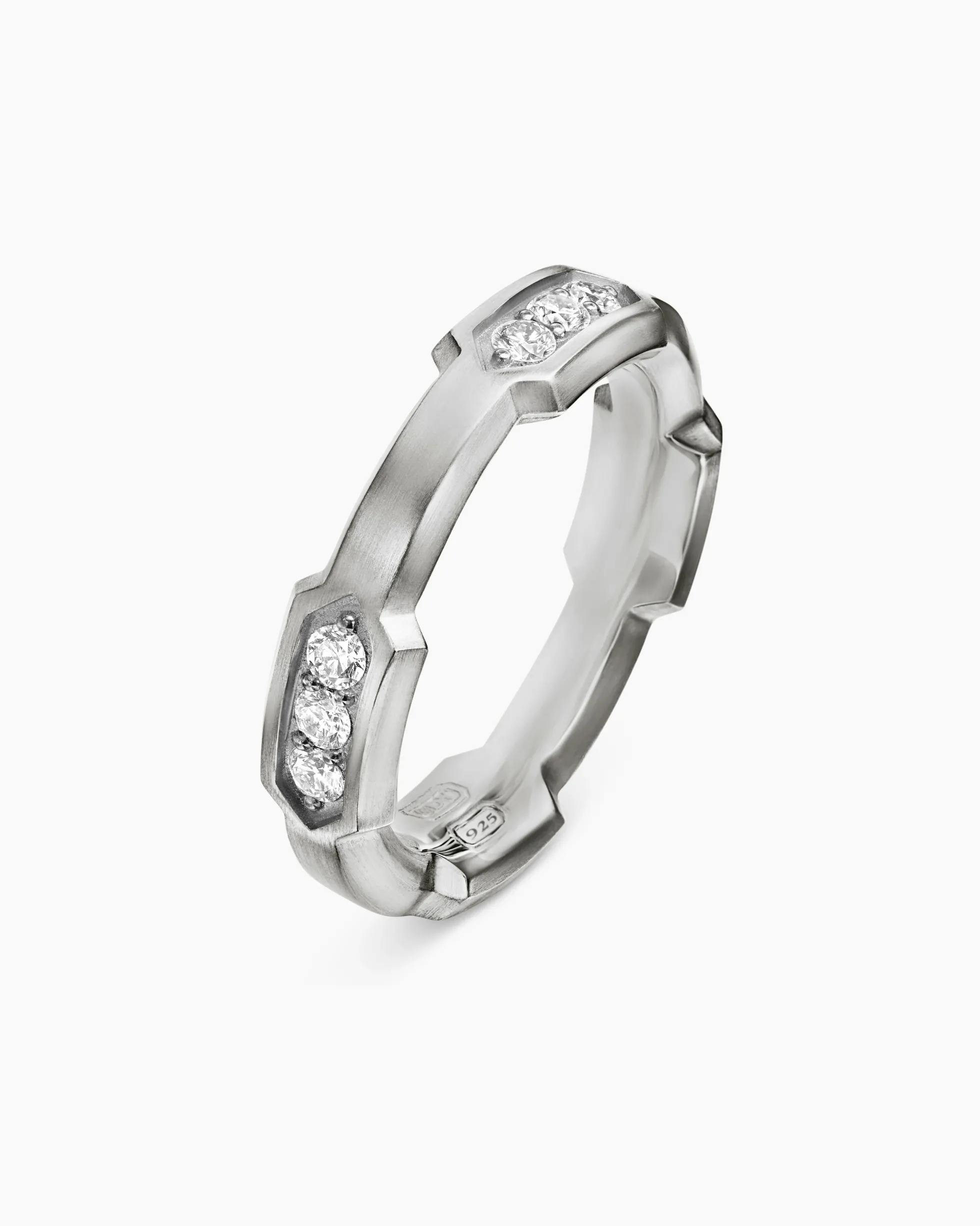 Faceted Station Band Ring Sterling Silver with Diamonds, 6mm